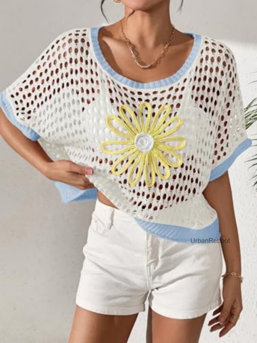 Boho Crochet Crop Sweater Beach Knit Cover Up Short Sleeve Pullover - Picture 6 of 7